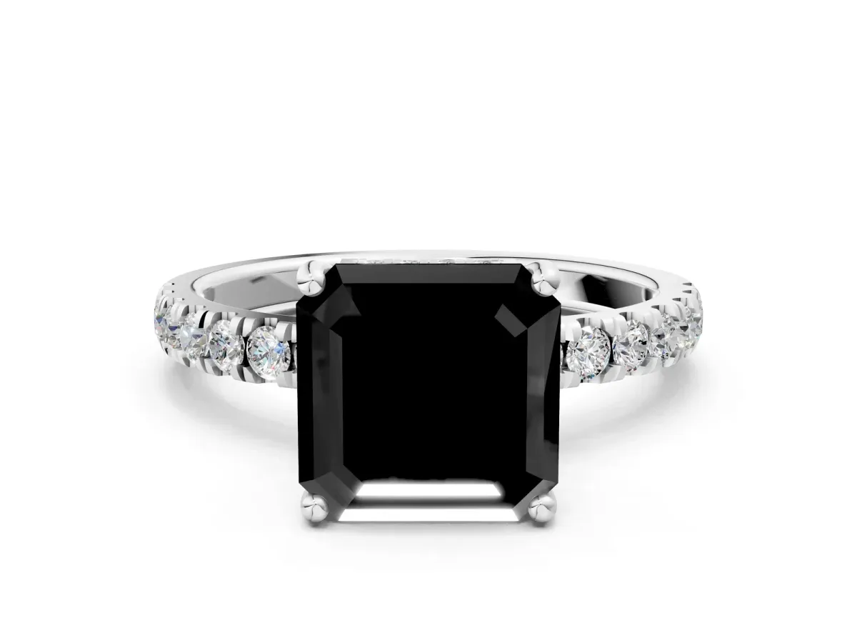 Fancy Black Asscher Cut Diamond Pave Band Solitaire Ring with Round and Prong Setting Platinum