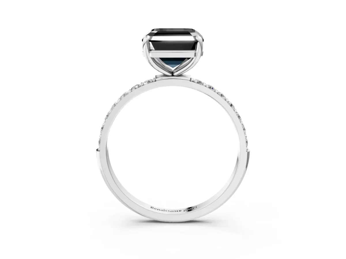 Fancy Black Asscher Cut Diamond Solitaire Ring with Round Pavé Band and Prong Setting Silver