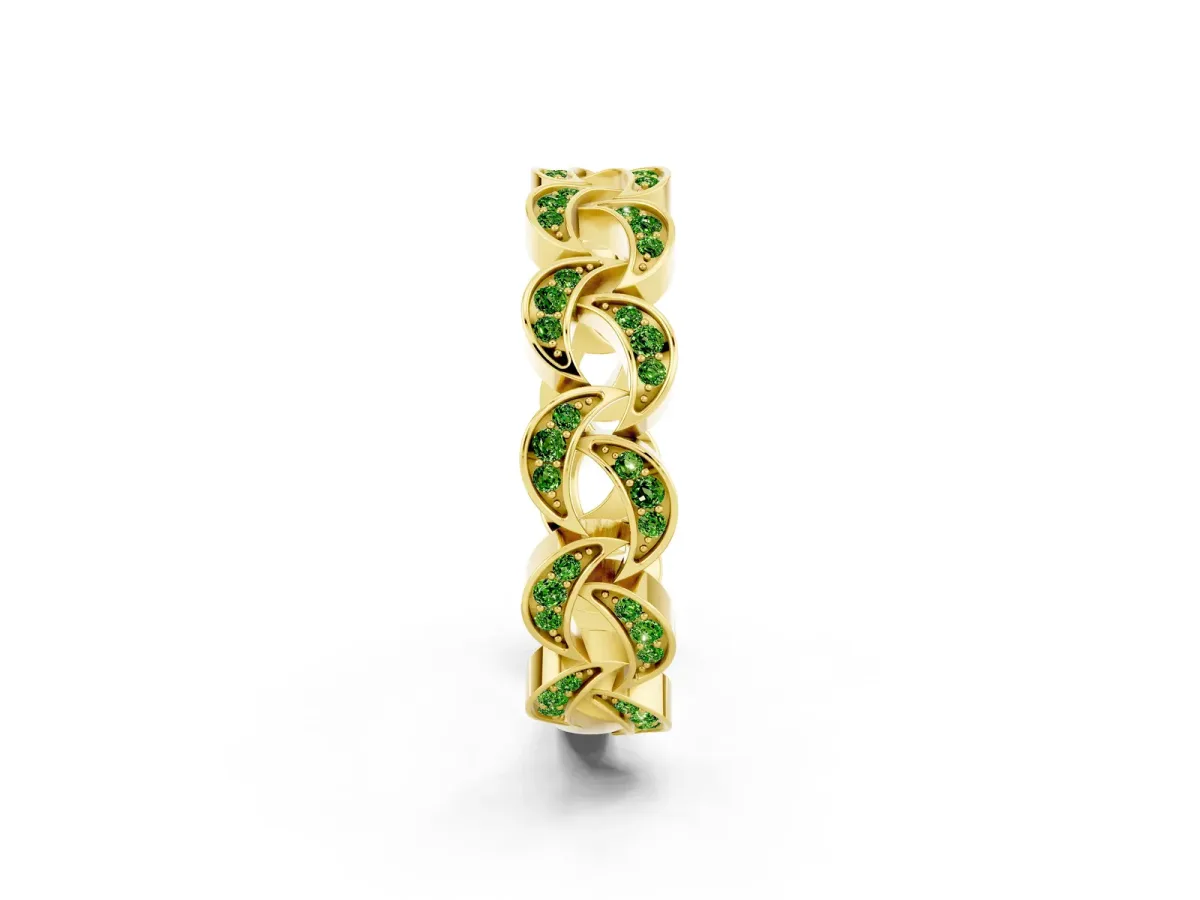 Pavé Round Peridot Interlocking Eternity Band with Bezel Prong Setting Yellow gold