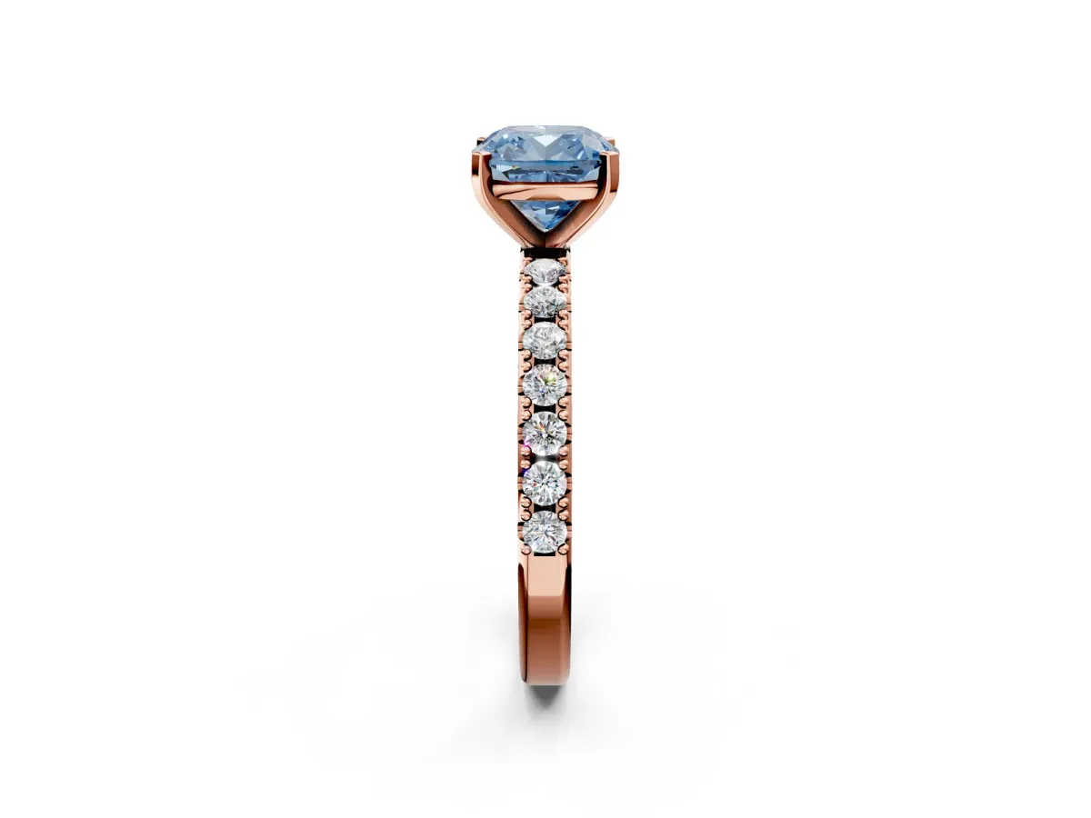 Fancy Blue Cushion Cut Diamond Solitaire Pavé Band with Four-Prong Setting Rose gold