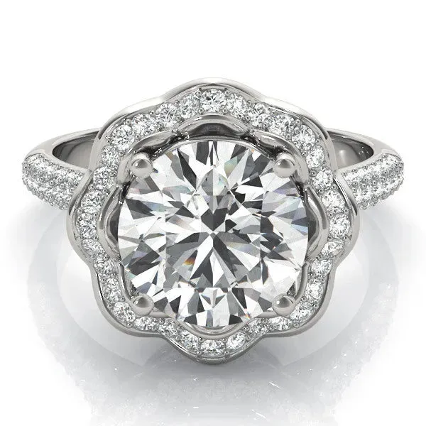 Round Cut Halo Diamond Floral Pave Band Ring with Four-Prong Setting Silver