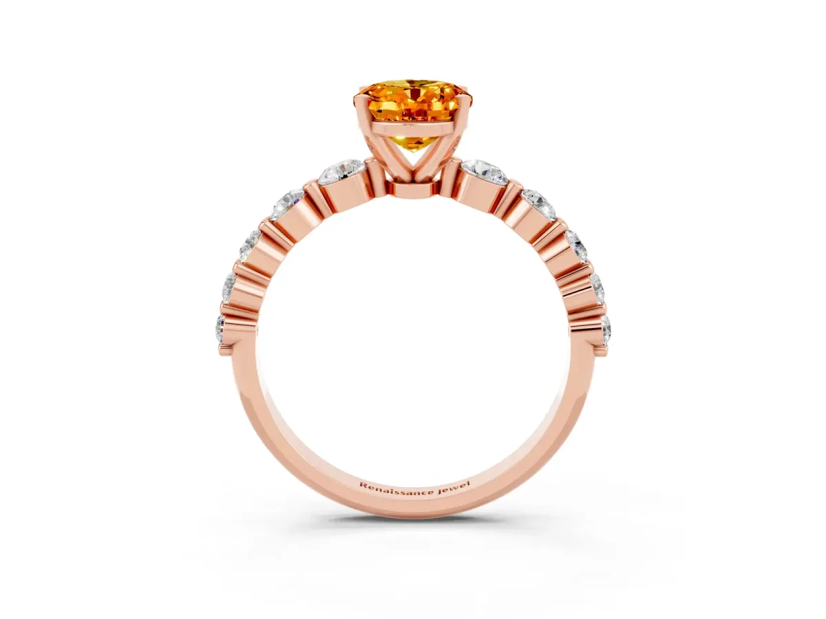 Oval Cut Solitaire Citrine Ring with Pave Band and Four-Prong Setting Rose gold