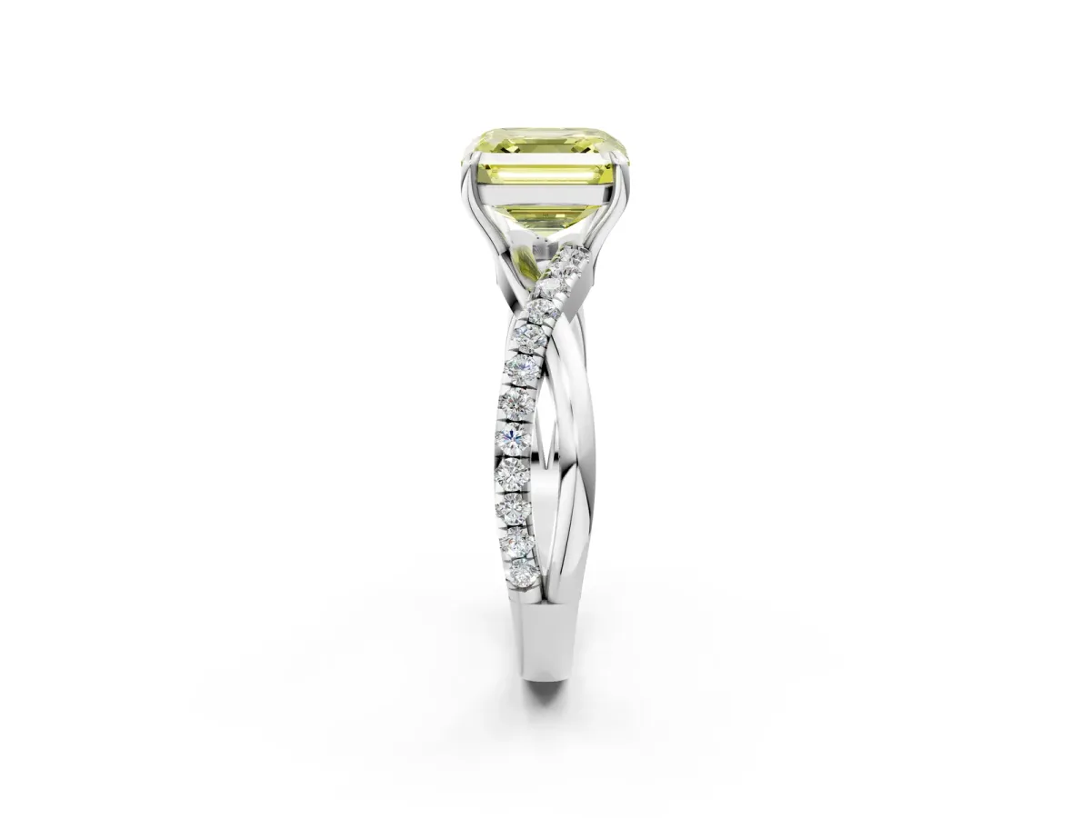 Fancy Yellow Asscher Cut Cut Diamond Twisted Band with Pavé Setting and Four-Prong Setting Platinum