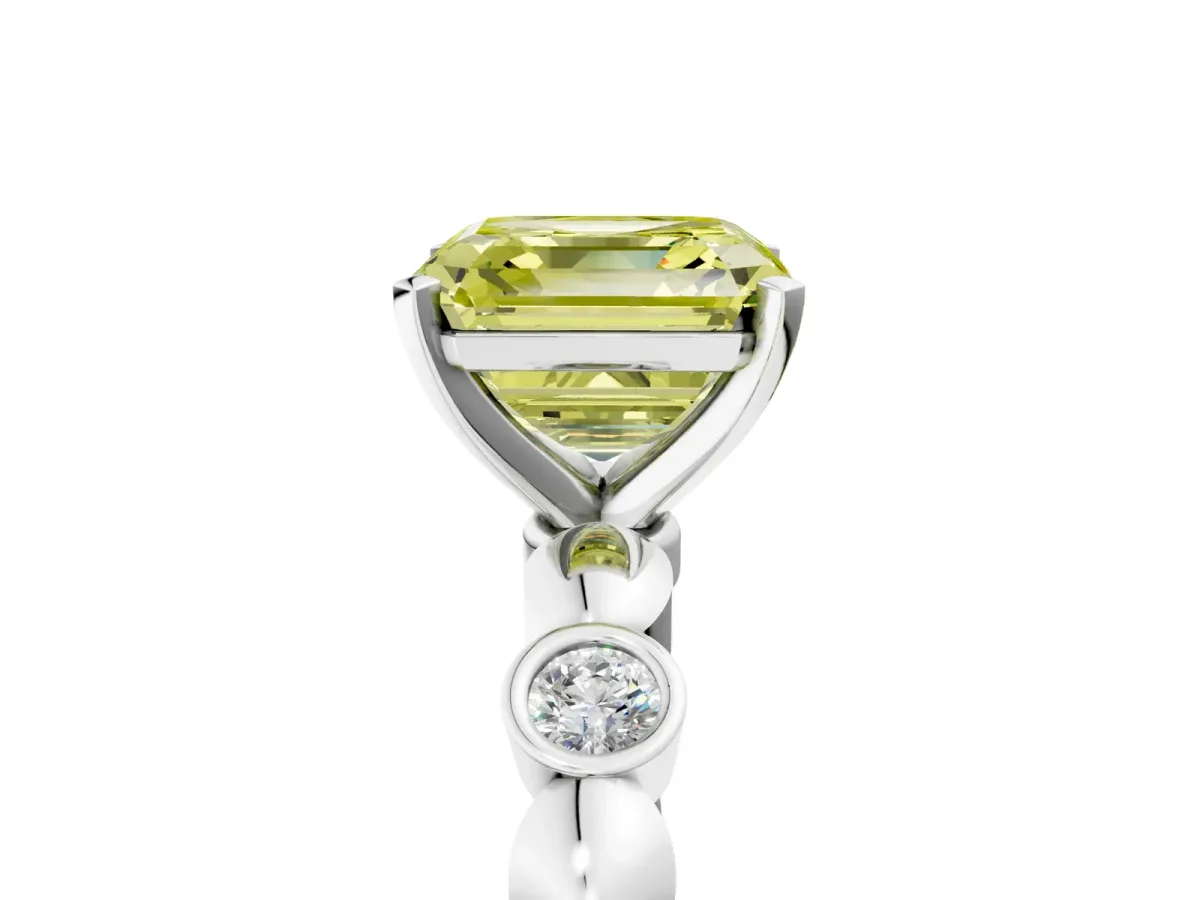 Fancy Yellow Asscher Cut Solitaire Bezel-Set Diamond Ring with Beaded Band and Four-Prong Setting Platinum