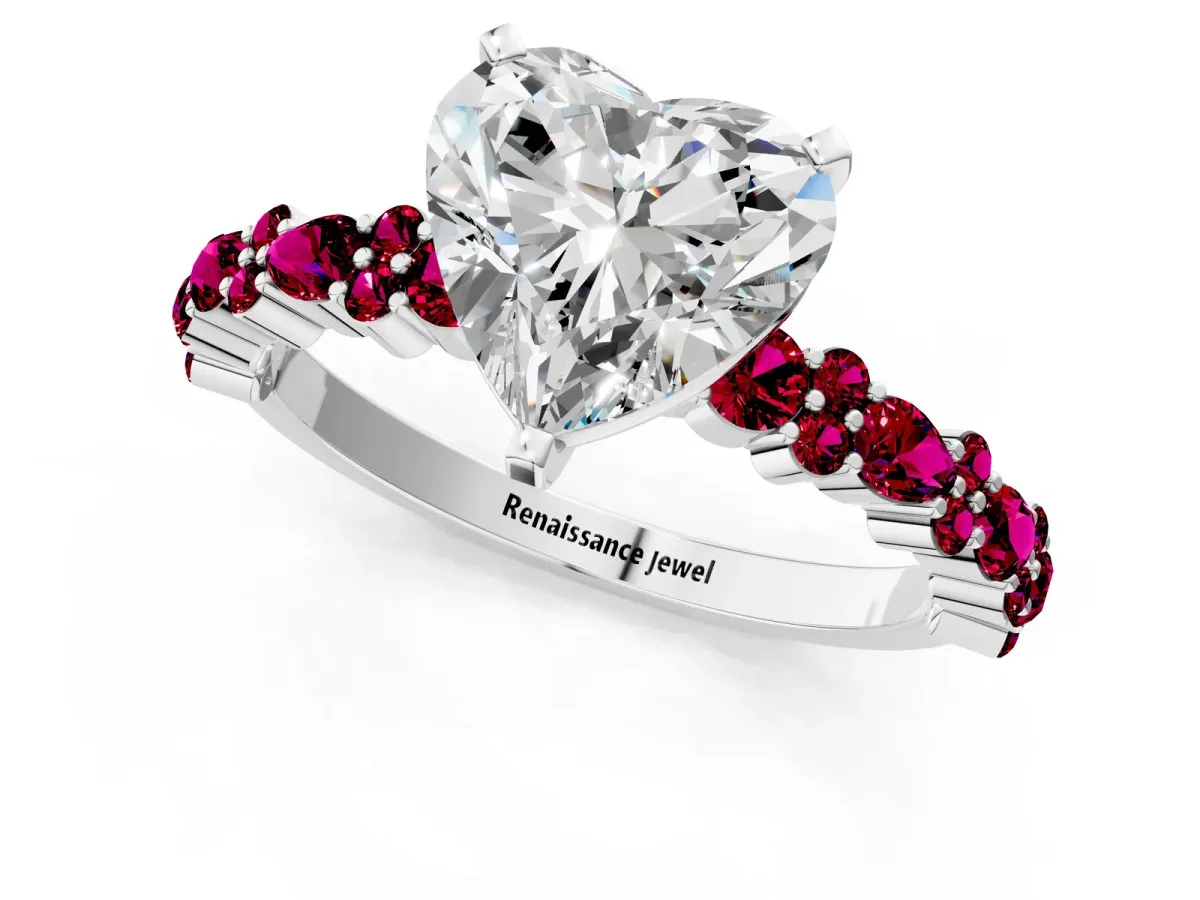 Heart Cut Diamond Side Stone Solitaire Ring with Round Garnet and Four-Prong Setting Platinum