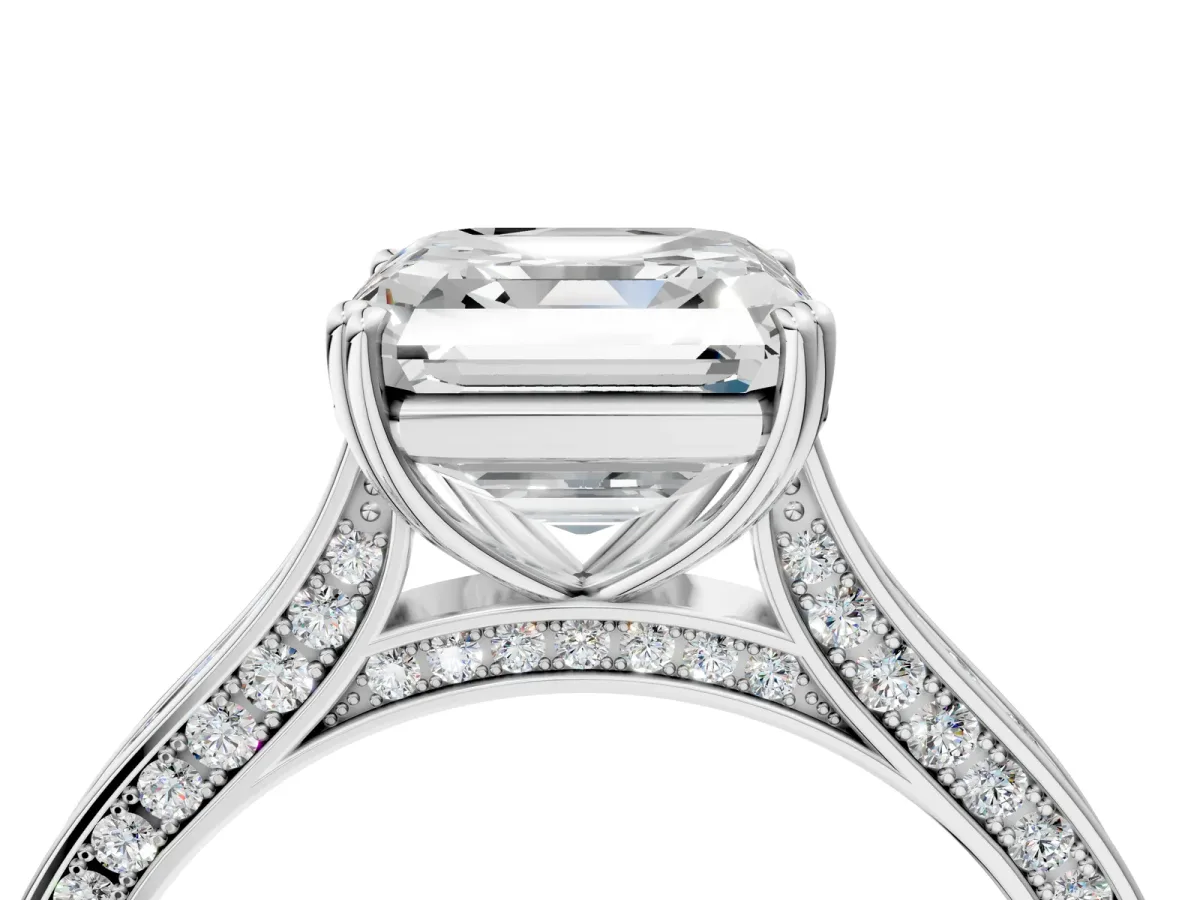 Asscher Cut Diamond Solitaire with Pave Band and Six-Prong Setting Platinum