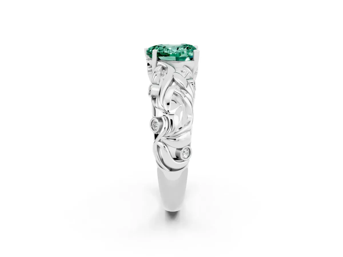 Heart Cut Solitaire Green Sapphire Leaf-Inspired Vine Band Ring with Prong Setting Platinum