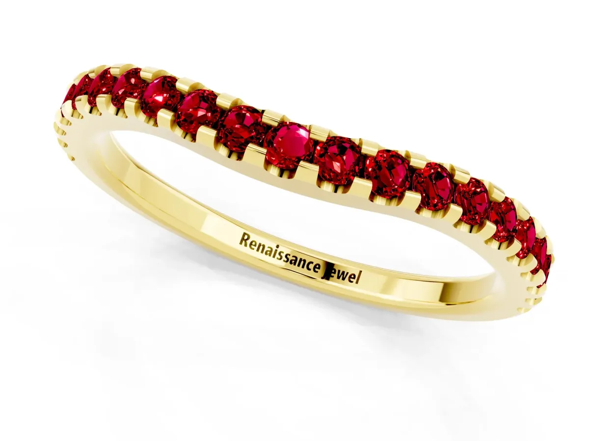 Round Ruby Pavé Curved Wedding Band Yellow gold