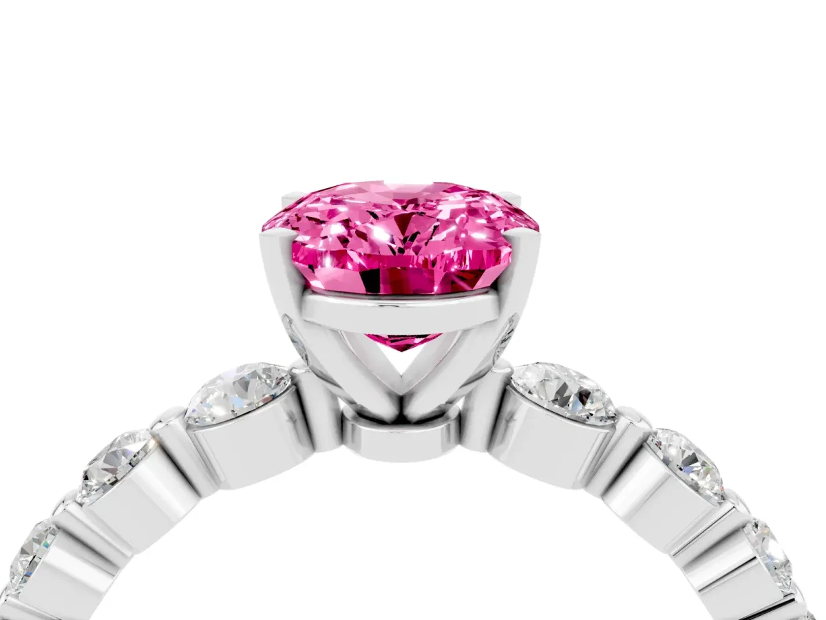 Oval Cut Solitaire Pink Sapphire Ring with Pave Band and Four-Prong Setting Silver