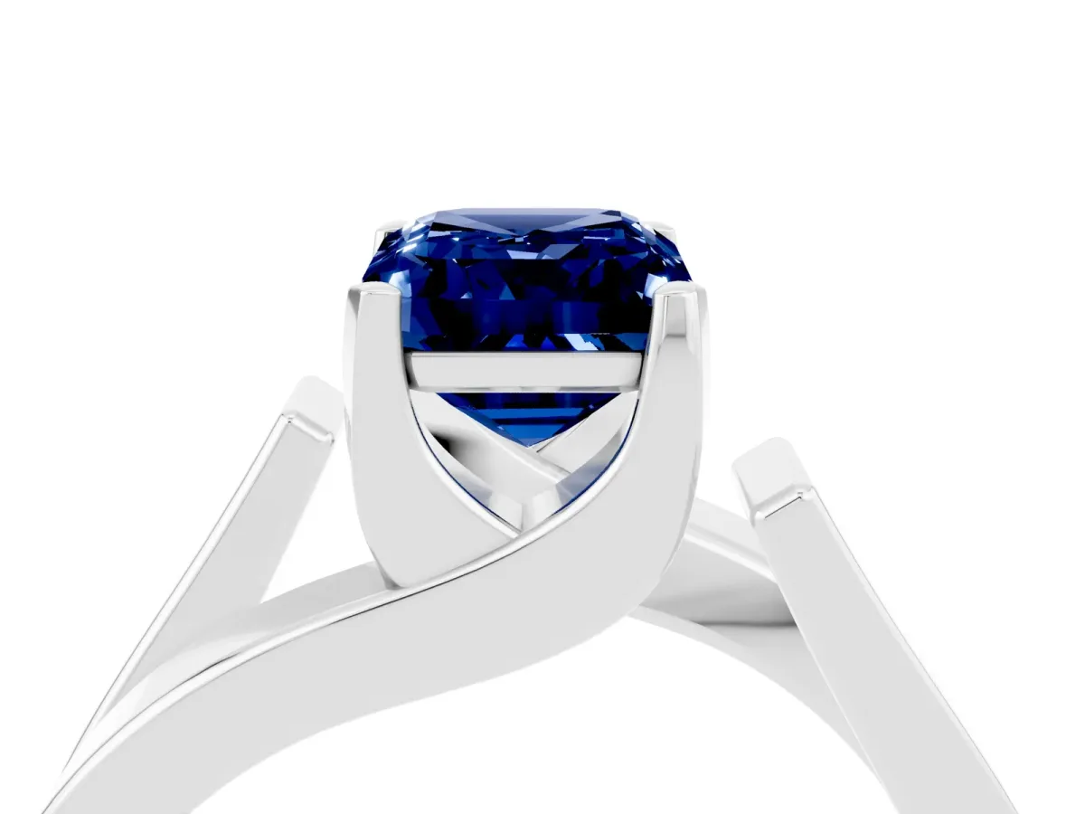 Modern Tension Set Emerald Cut Blue Sapphire Solitaire Wide Band Ring Silver