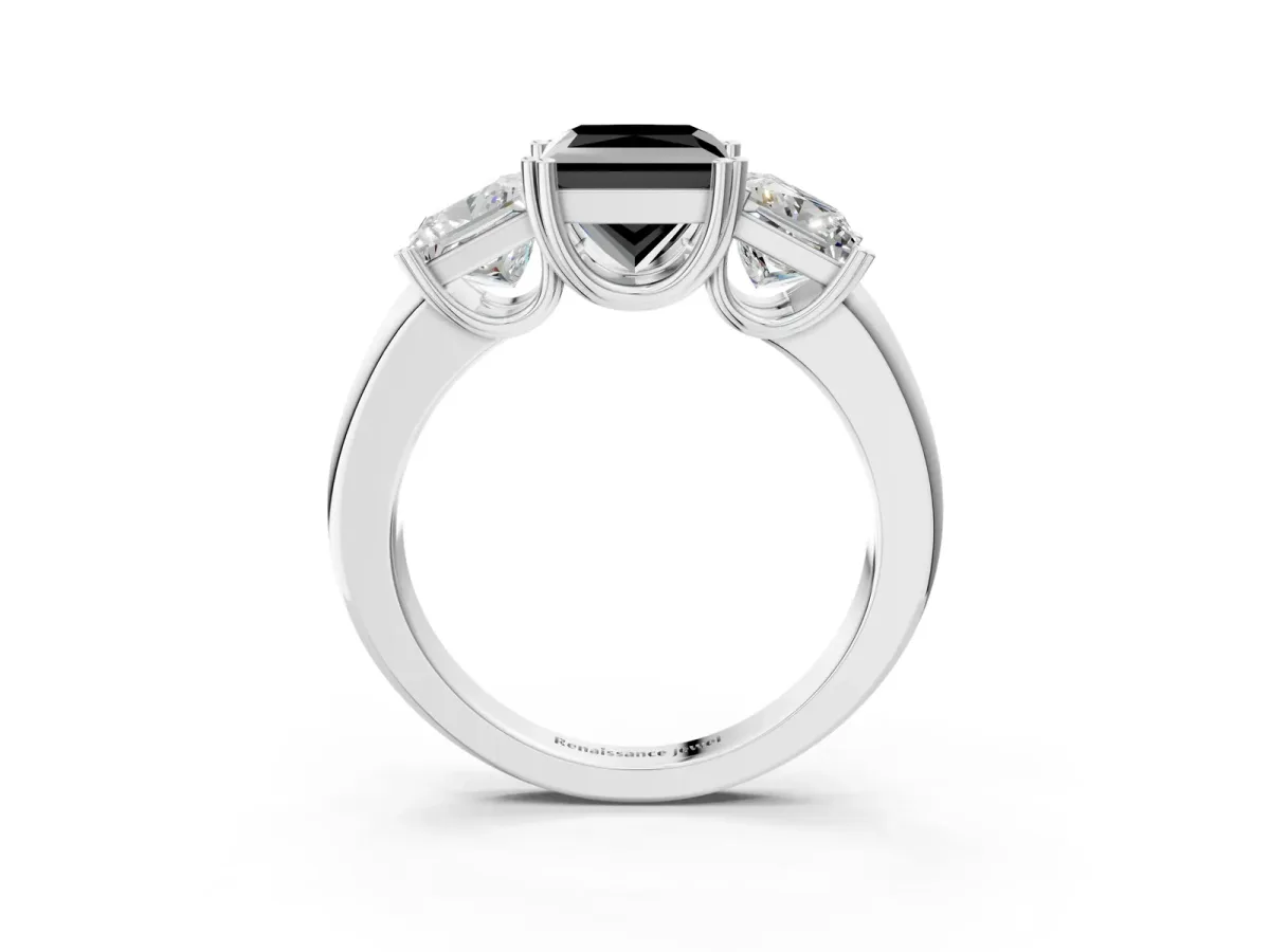 Fancy Black Three-Stone Princess Cut Cut Diamond Ring with Channel Set Band and Four-Prong Setting Silver
