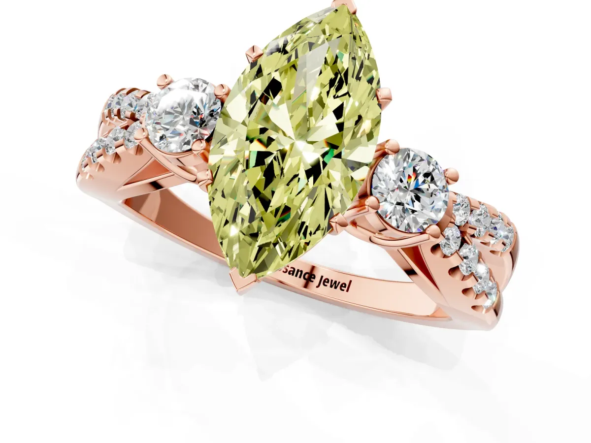 Fancy Yellow Marquise Cut Diamond Three-Stone Ring with Pavé Split Shank and Four-Prong Setting Rose gold