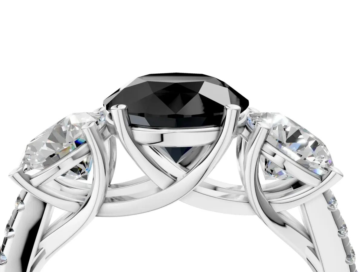 Fancy Black Three-Stone Round Cut Diamond Ring with Round Pavé Band and Prong Setting Platinum
