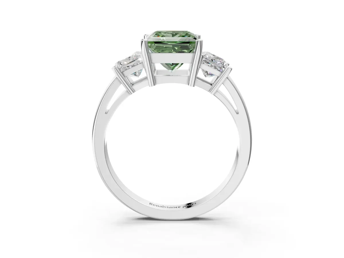 Fancy Green Three-Stone Princess Cut Cut Solitaire Ring with Prong Setting Platinum