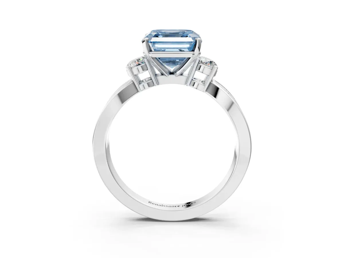 Fancy Blue Three-Stone Asscher Cut Cut Diamond Twist Band with Prong Setting Platinum