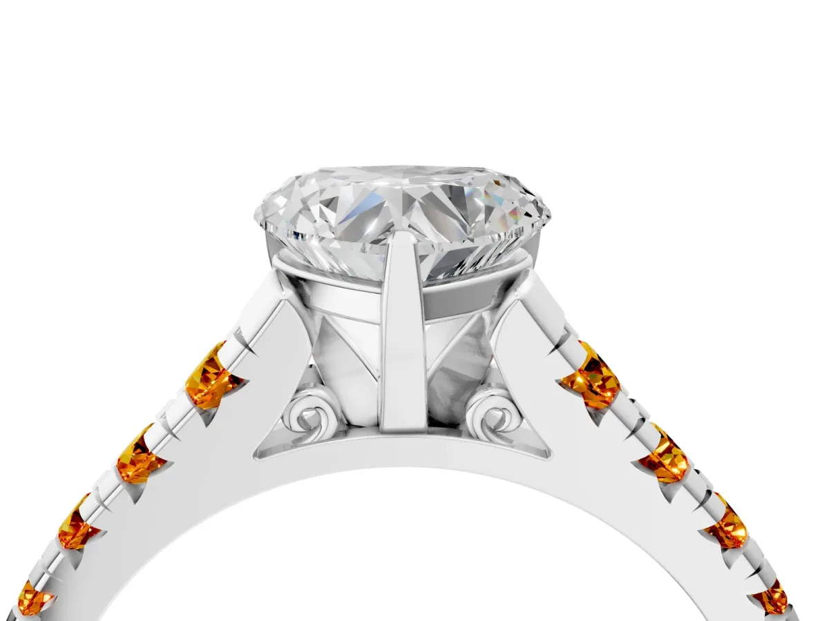 Heart Cut Diamond Cathedral Solitaire Ring with Round Citrine Pavé Band Silver