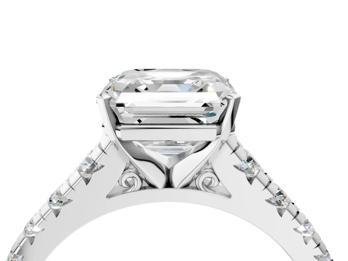 Asscher Cut Diamond Cathedral Solitaire Ring with Round Moissanite Pavé Band Silver
