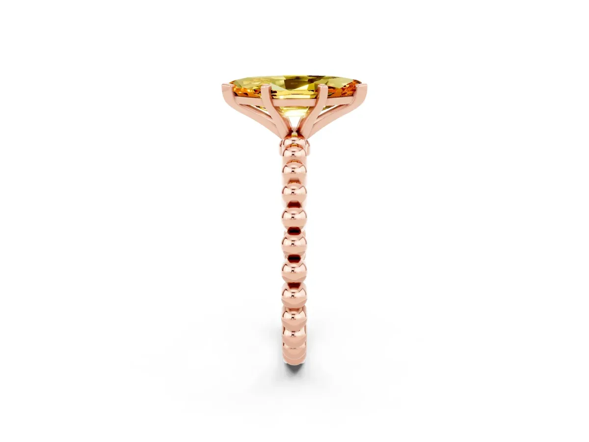 Marquise Cut Citrine Solitaire Ring with Beaded Band and Prong Setting Rose gold