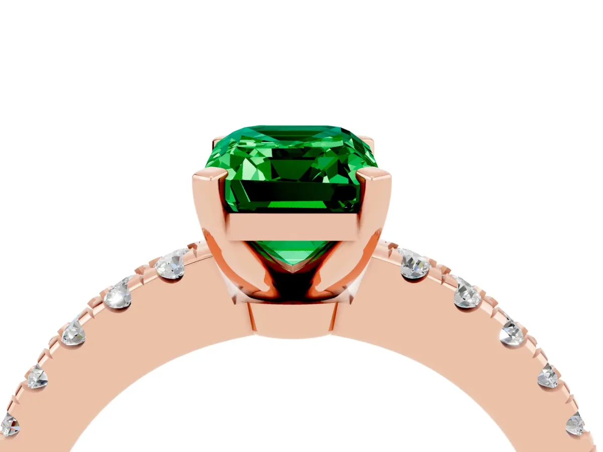 Emerald Cut Solitaire Emerald with Pavé Band and Four-Prong Setting Rose gold