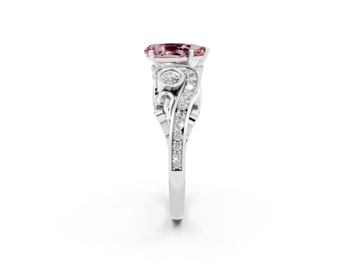 Pear Cut Morganite Solitaire Ring with Milgrain Pavé Band and Four-Prong Setting Silver