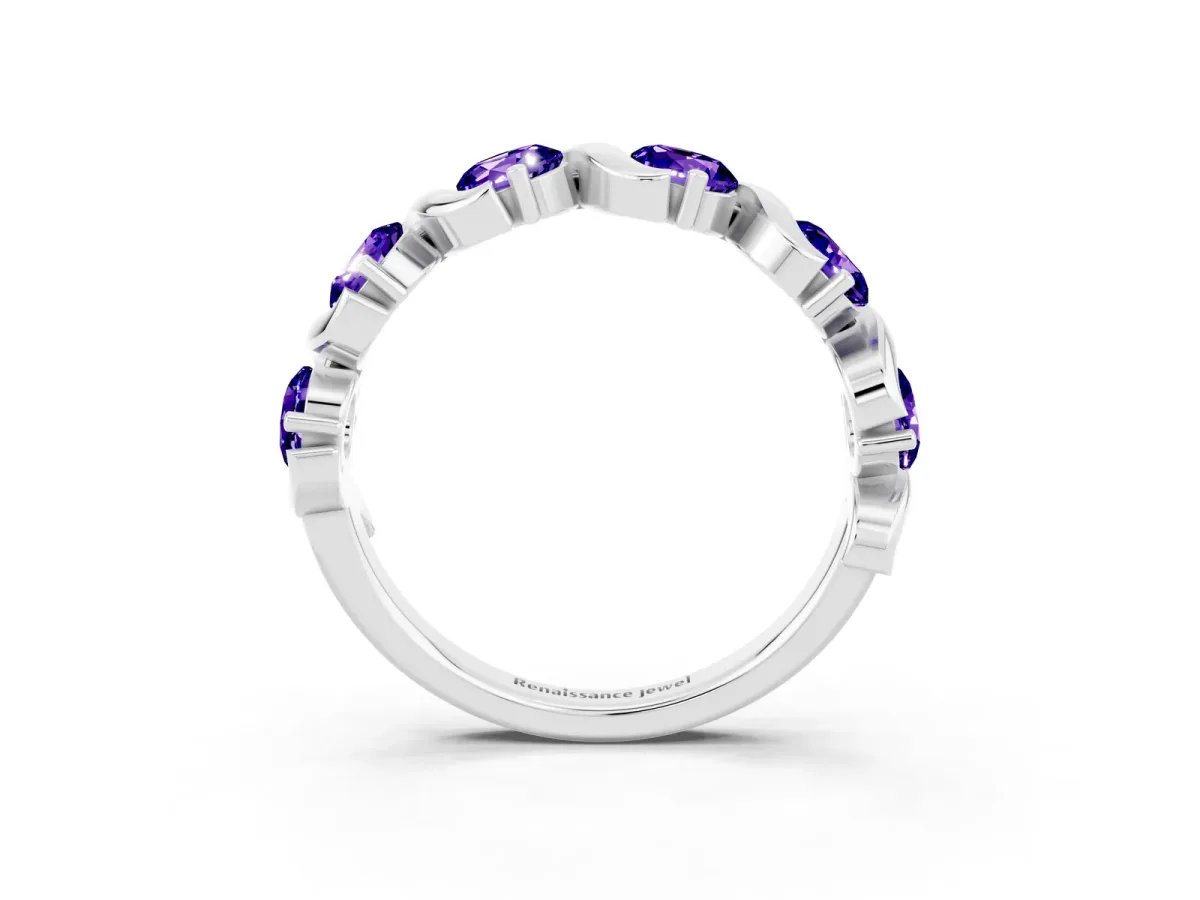 Round Tanzanite Half Eternity Band with Wave Prong Setting White gold