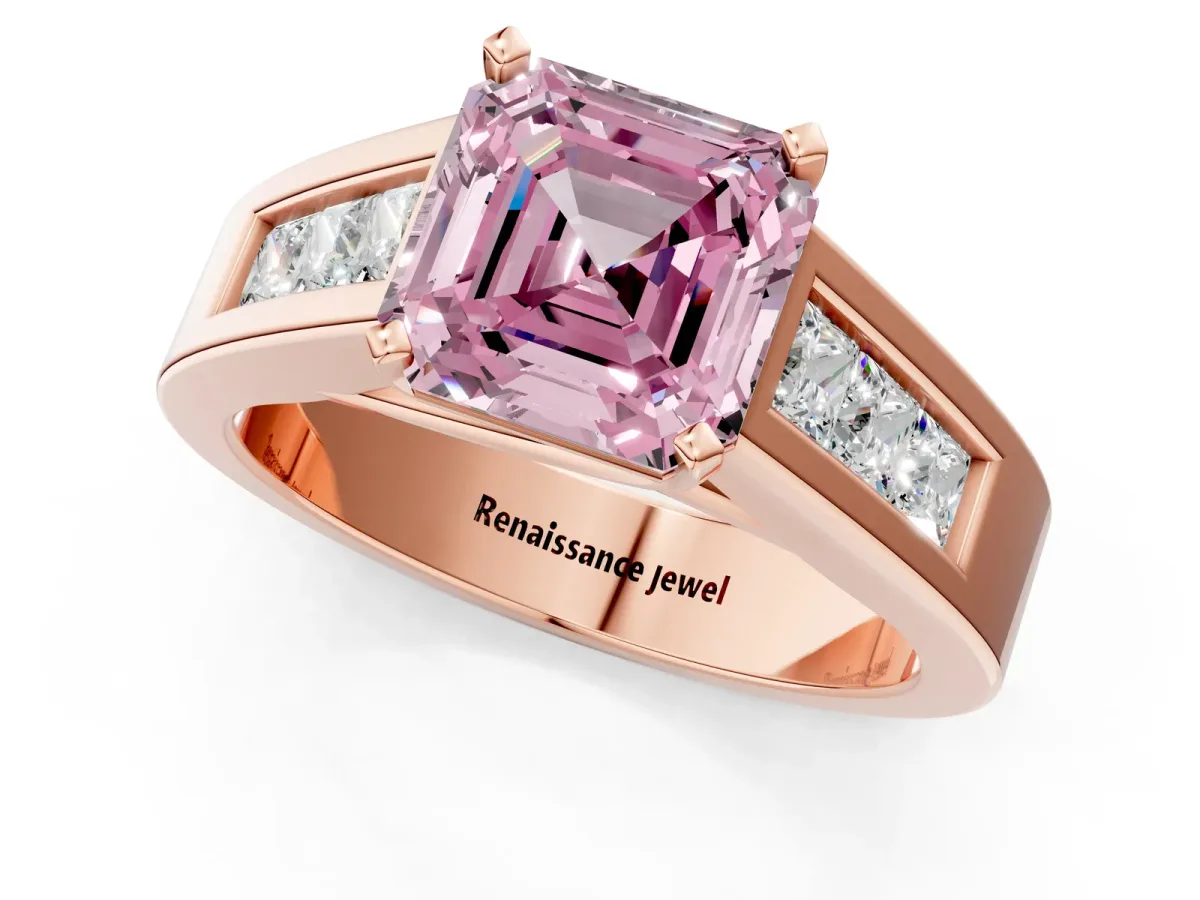 Fancy Pink Asscher Cut Cut Channel Set Solitaire Ring with Four-Prong Setting Rose gold