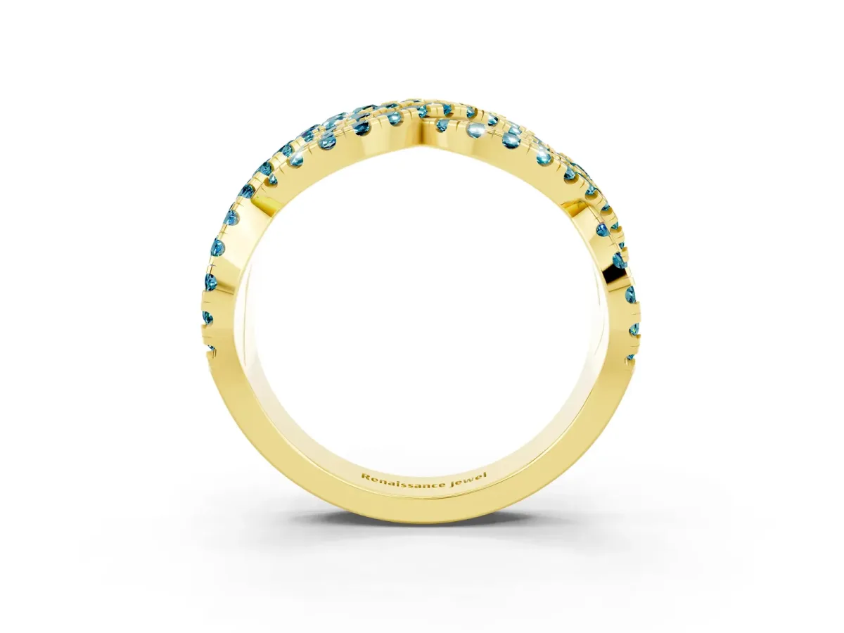 Pavé Round Blue Topaz Infinity Twist Band with Shared Prong Setting Yellow gold