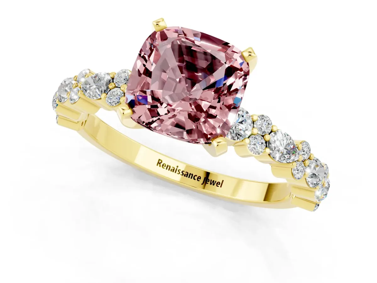 Cushion Cut Morganite Side Stone Solitaire Ring with Round and Four-Prong Setting Yellow gold