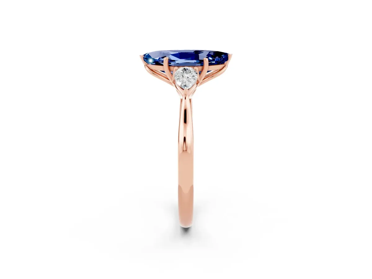 Marquise Cut Blue Sapphire Three-Stone Ring with Pear Side Stones and Prong Setting Rose gold