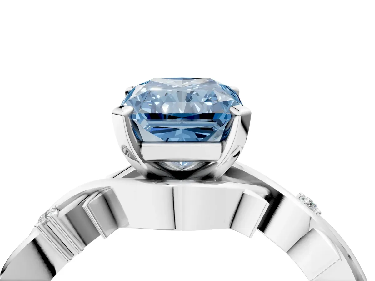 Fancy Blue Radiant Cut Diamond Solitaire Ring with Twisted Band and Prong Setting Silver