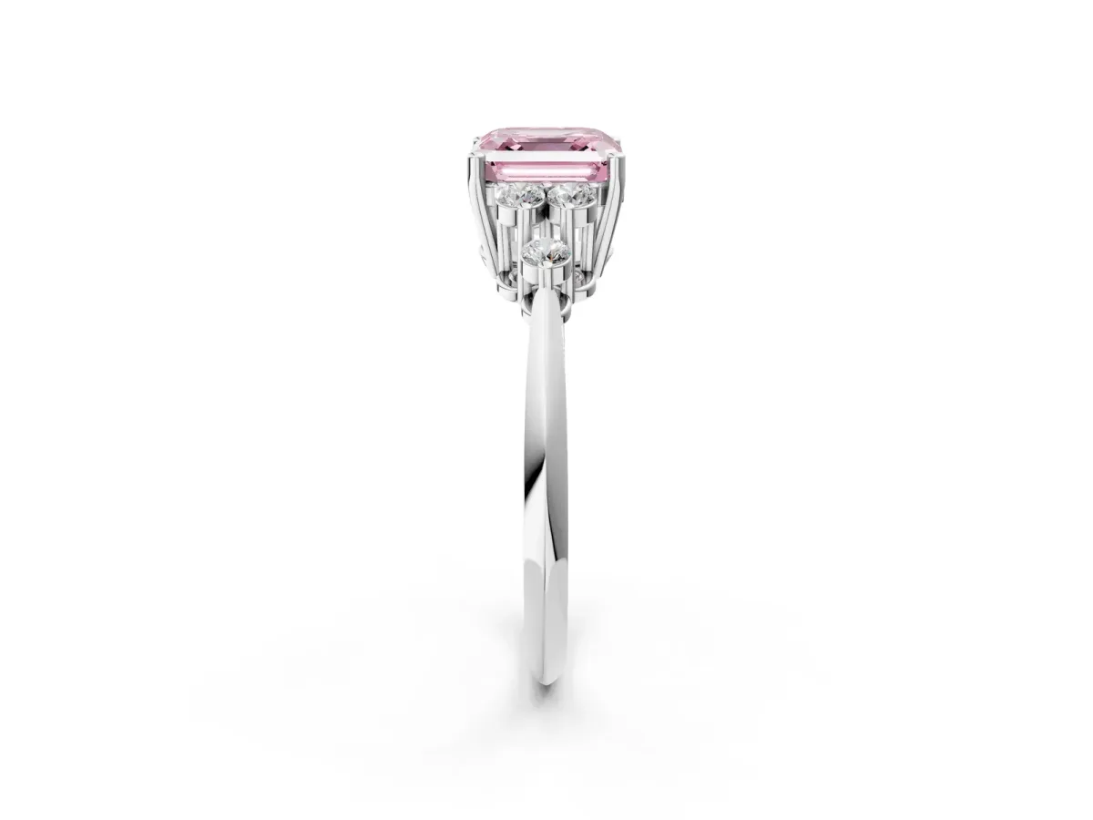 Fancy Pink Asscher Cut Cut Diamond Cluster Ring with Solitaire Band and Four-Prong Setting Platinum