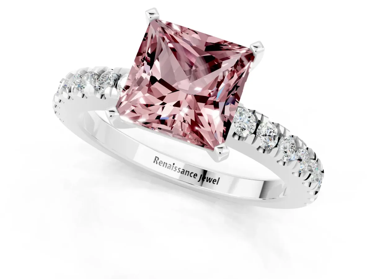 Princess Cut Solitaire Morganite with Pavé Band and Four-Prong Setting Silver