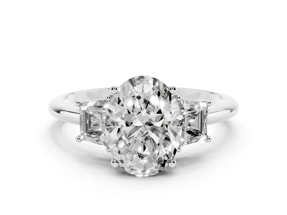 Oval Cut Diamond Three-Stone Ring with Trapezoid Side Stones and Prong Setting Silver