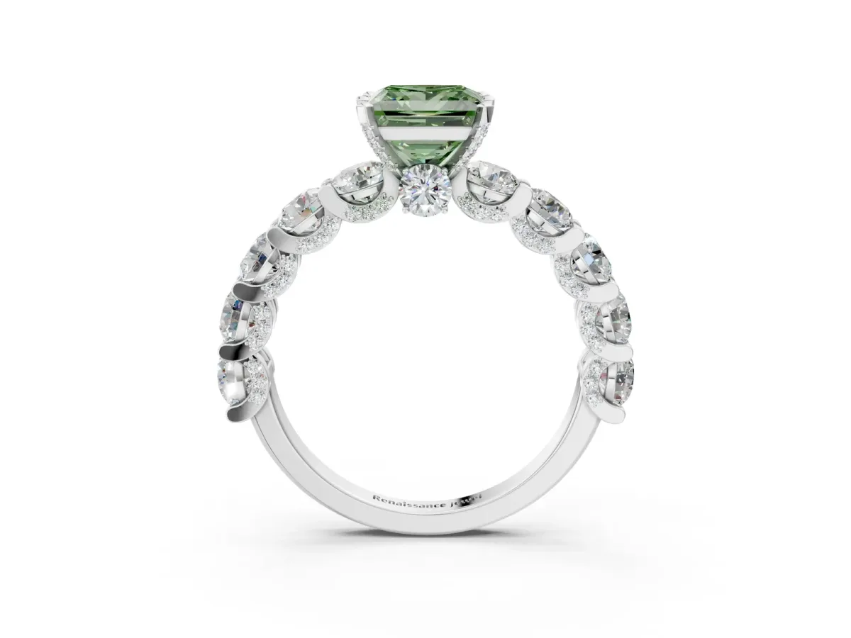 Fancy Green Princess Cut Diamond Side Stone Engagement Ring with Four-Prong Setting White gold