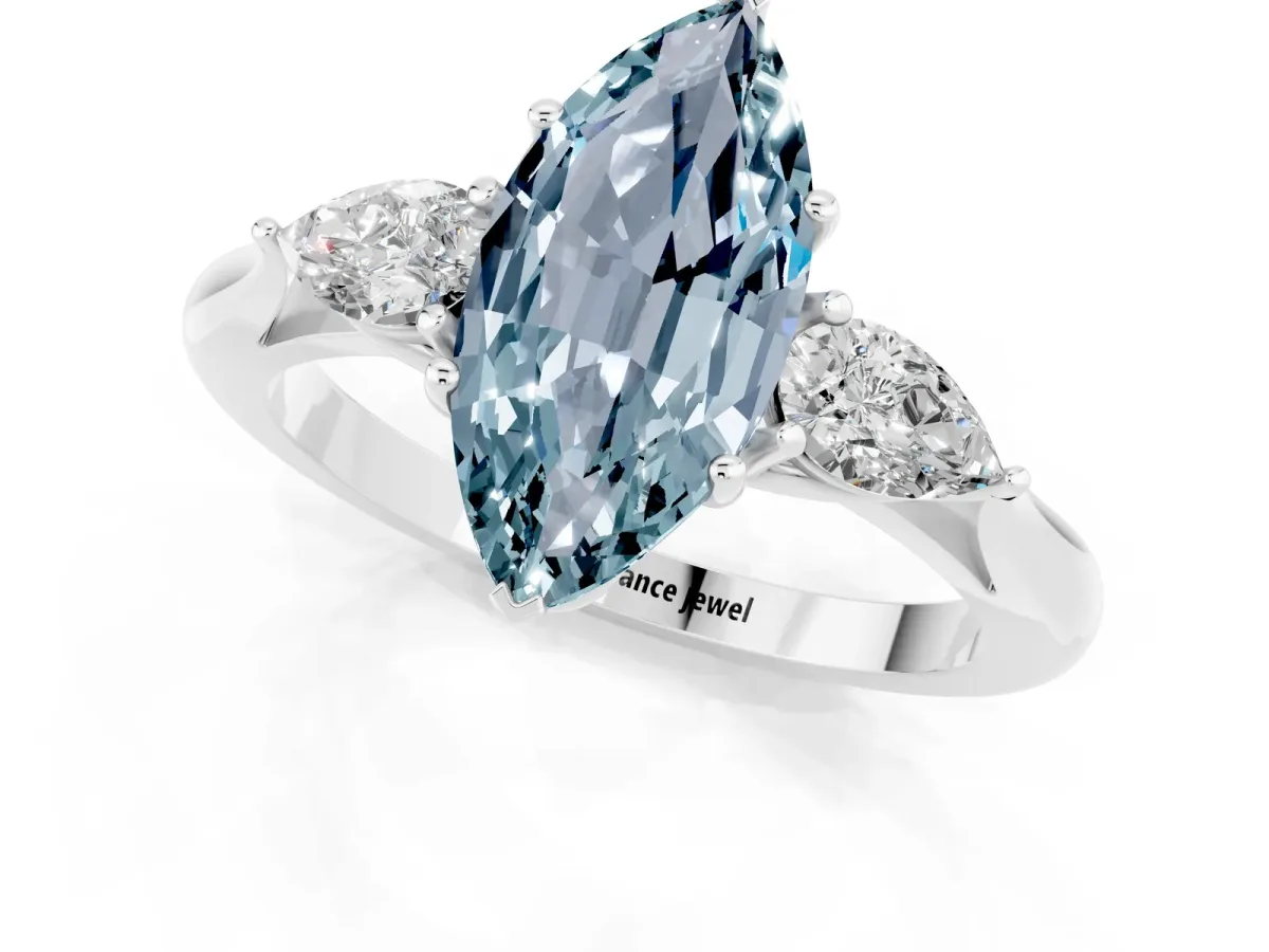 Marquise Cut Aquamarine Three-Stone Ring with Pear Side Stones and Prong Setting Silver