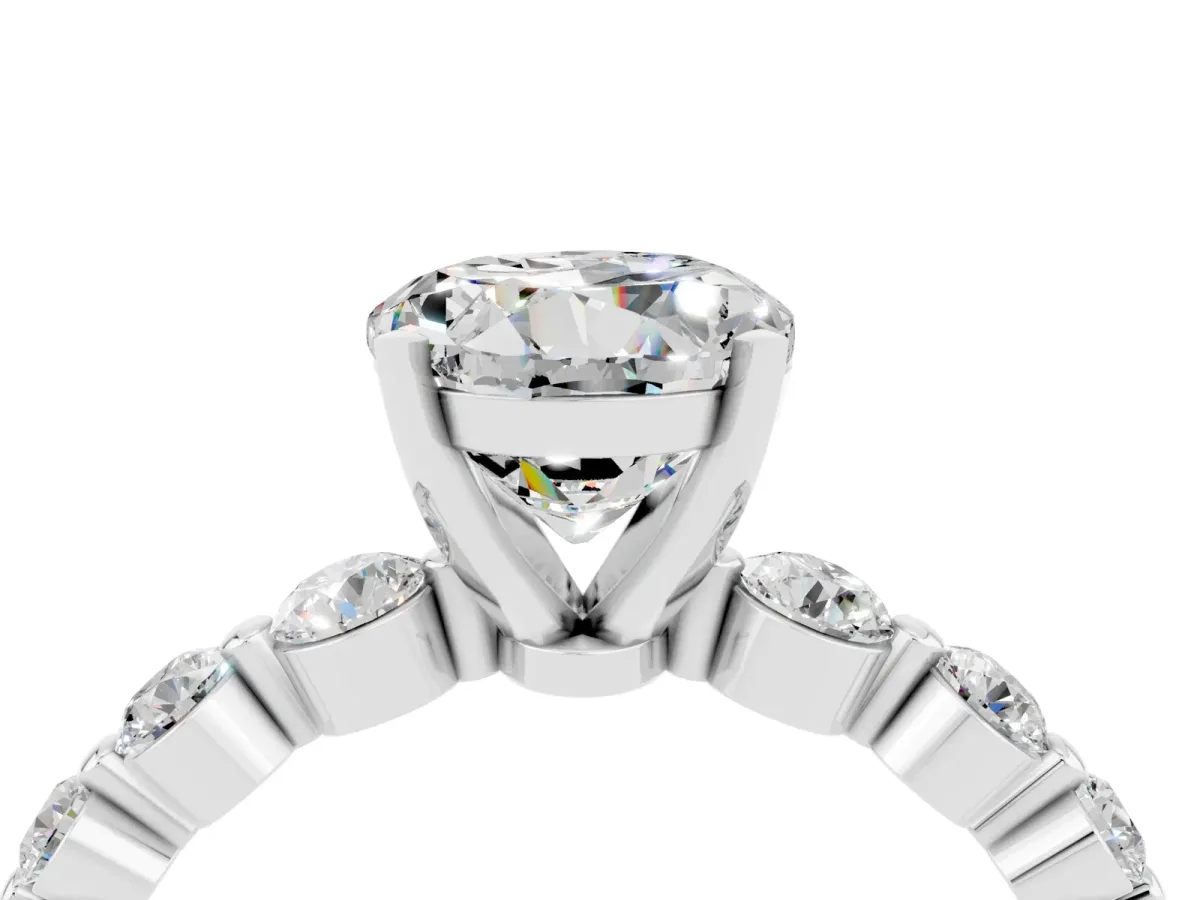 Round Cut Solitaire Moissanite Ring with Pave Band and Four-Prong Setting Silver