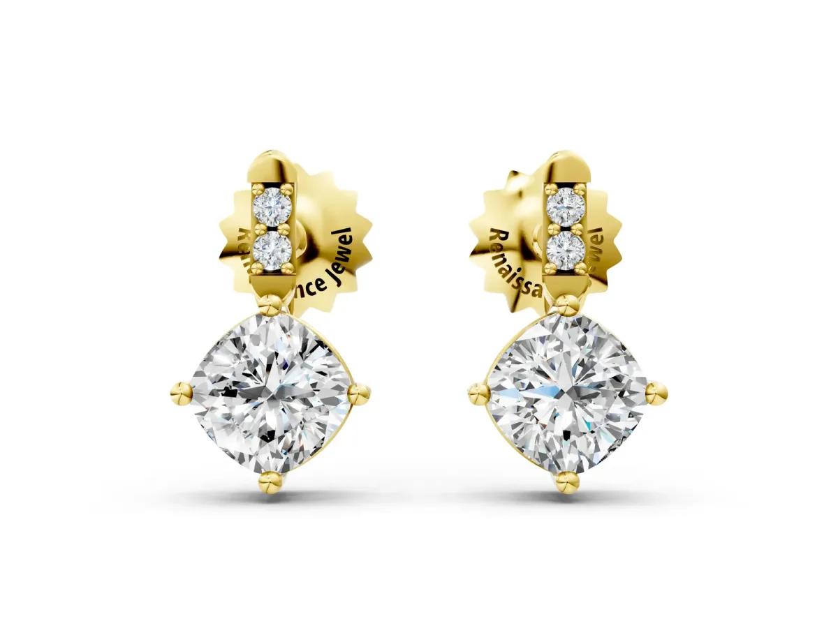 Sideways Cushion Diamond Drop Earrings with Diamond Accent Yellow gold