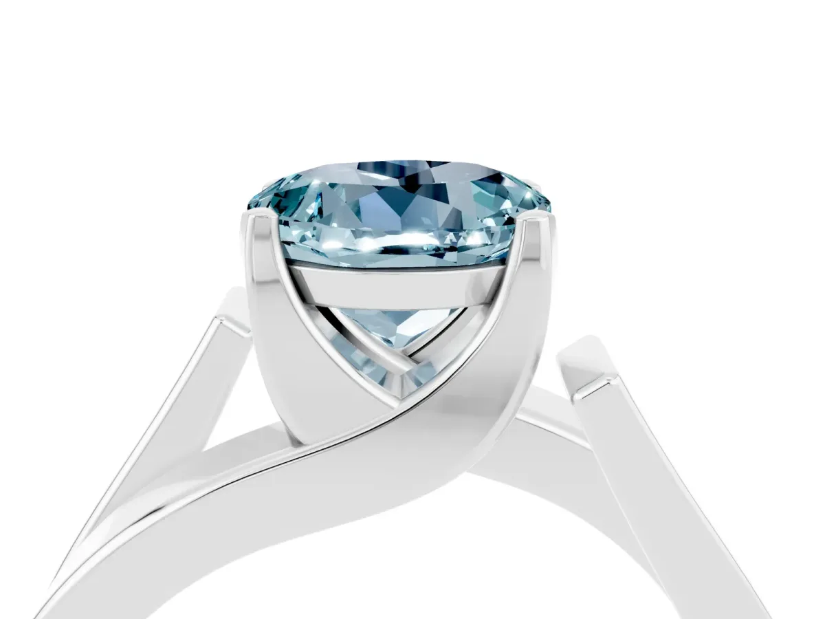 Modern Tension Set Round Cut Aquamarine Solitaire Wide Band Ring Silver