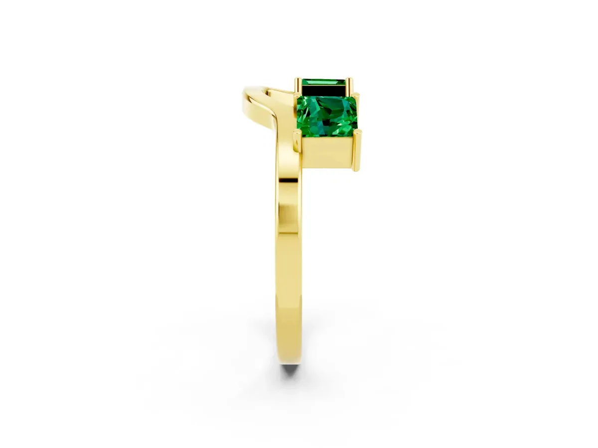 Princess Cut Emerald Two-Stone Open Band Ring with Four-Prong Setting Yellow gold