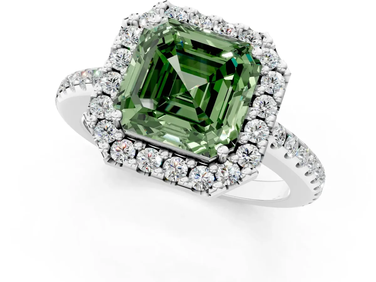 Fancy Green Asscher Cut Diamond Pavé Halo Ring with Four-Prong Setting Platinum