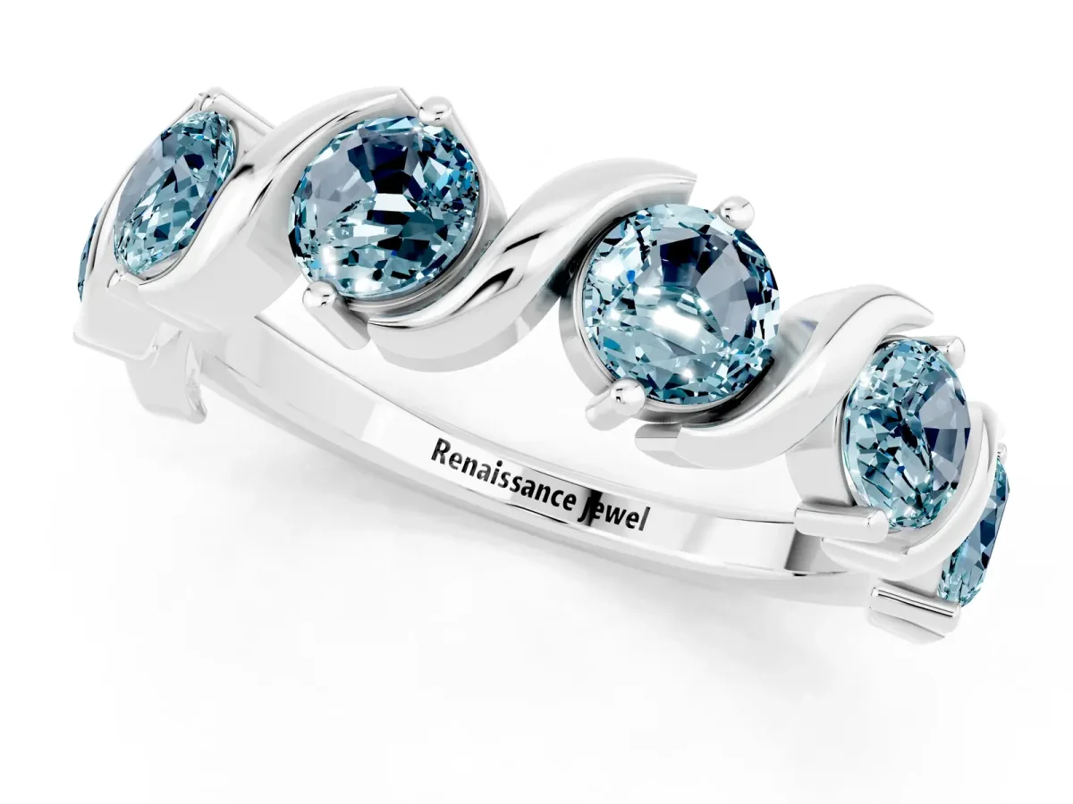 Six-Stone Round Aquamarine Wave Band with Shared Prong Setting Platinum