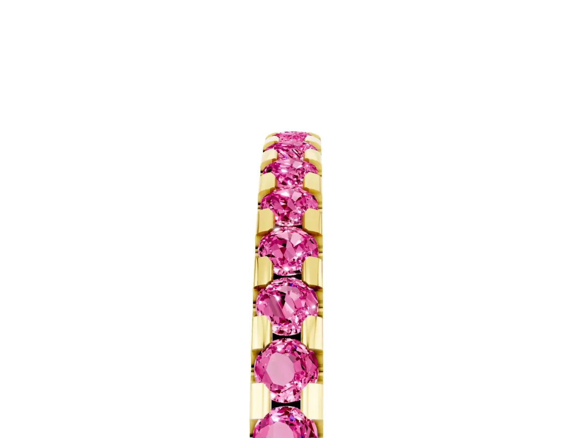 Round Pink Sapphire Pavé Set Eternity Band with Micro Prong Setting Yellow gold
