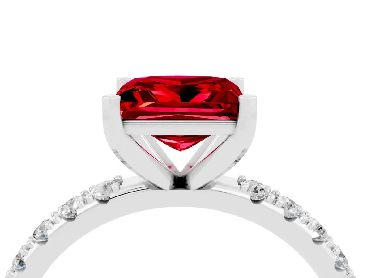 Princess Cut Ruby Solitaire Pavé Band with Four-Prong Setting White gold