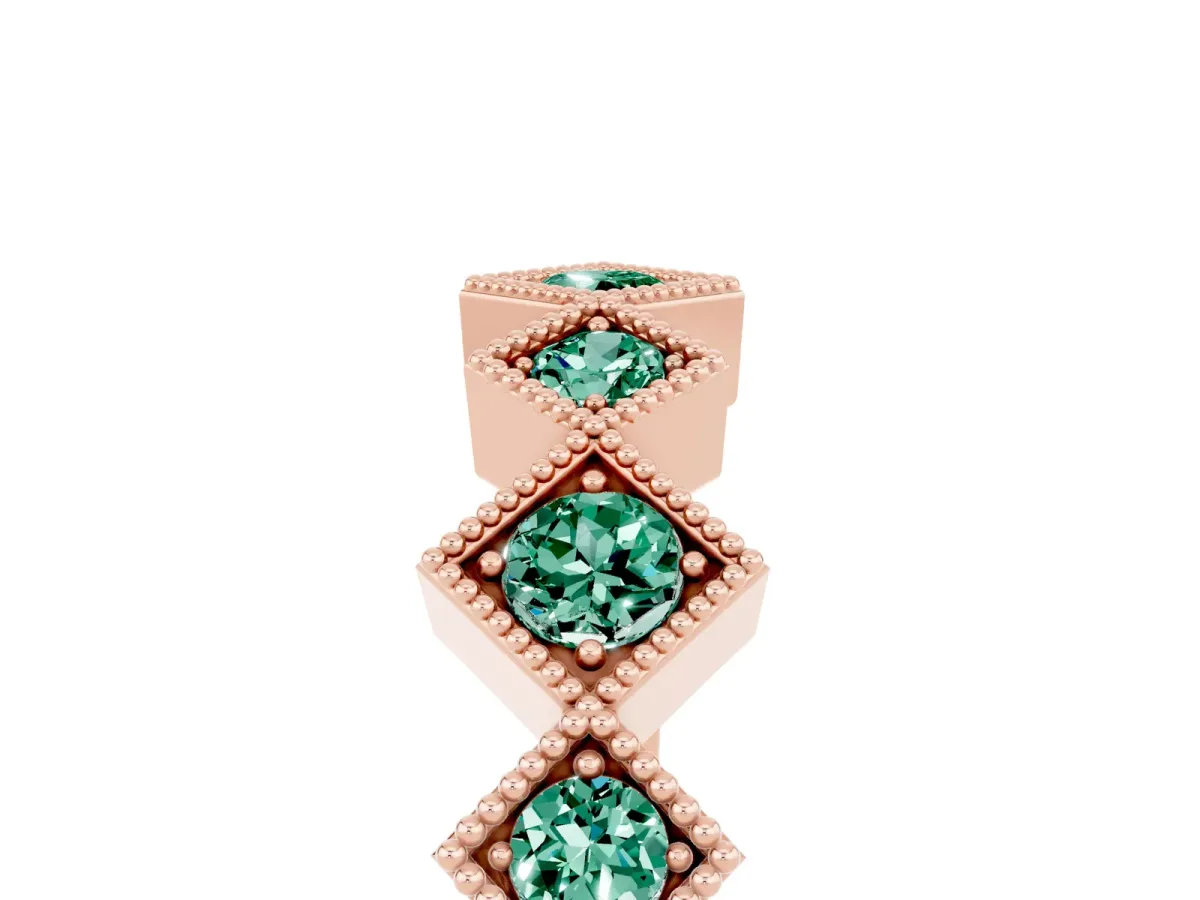Milgrain Square Bezel Round Green Sapphire Chevron Band Rose gold
