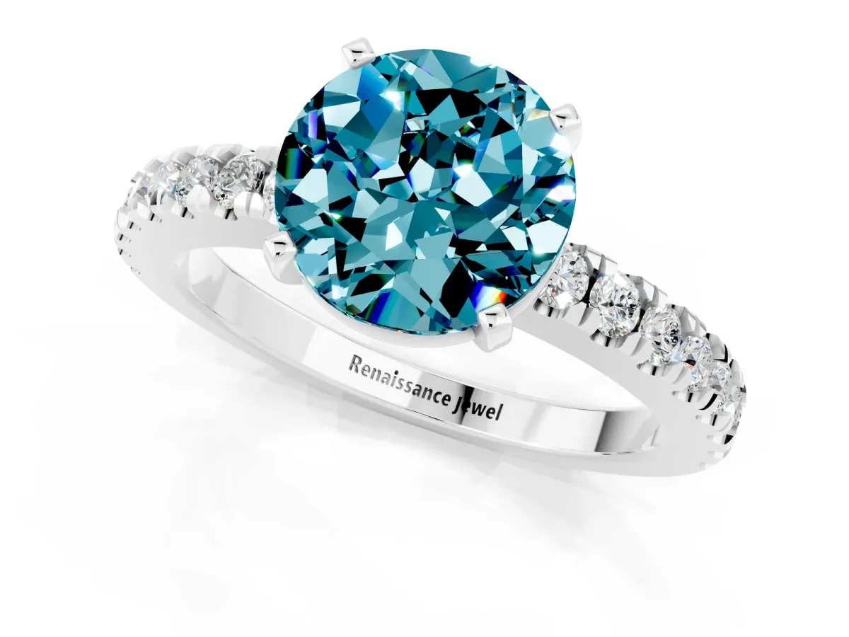 Round Cut Solitaire Blue Topaz with Pavé Band and Four-Prong Setting Silver