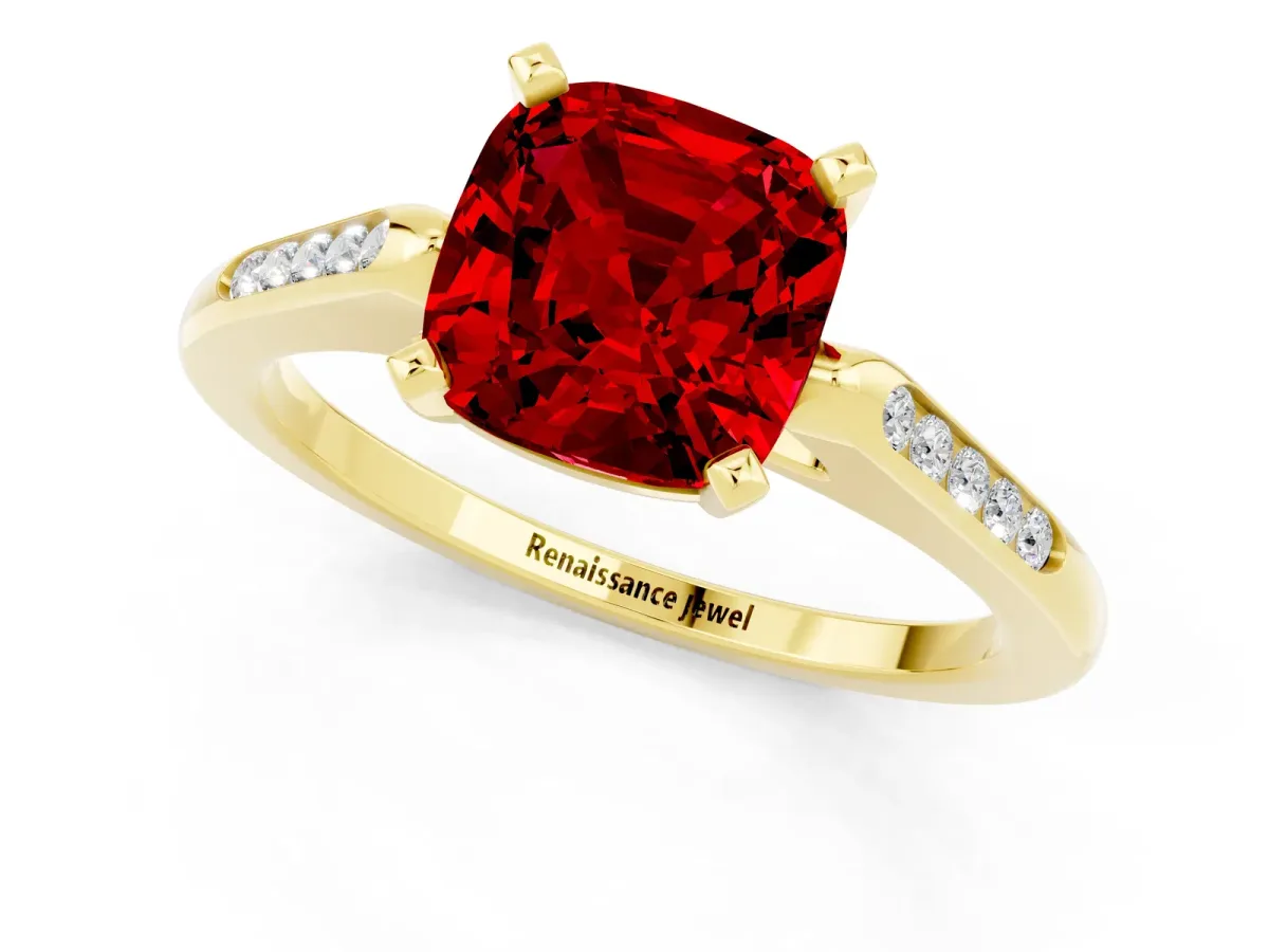 Cushion Cut Ruby Solitaire Ring with Channel Set Round Band and Prong Setting Yellow gold