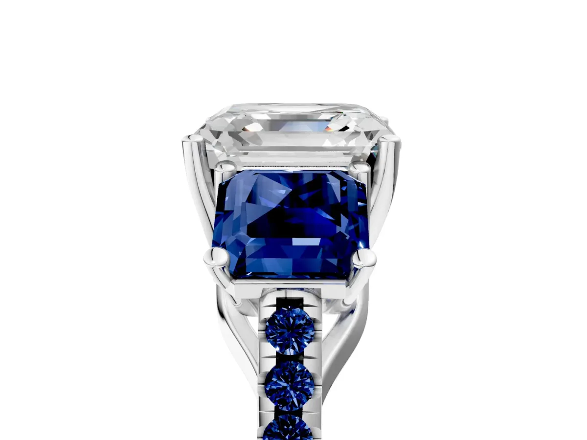 Three-Stone Asscher Cut Diamond Ring with Round Blue Sapphire Pavé Band and Prong Setting Silver