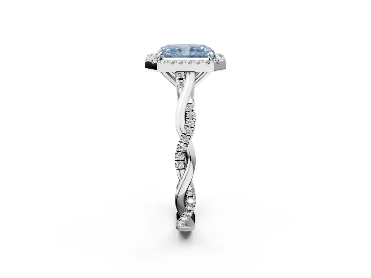Fancy Blue Radiant Cut Halo Twist Band Solitaire Ring Platinum