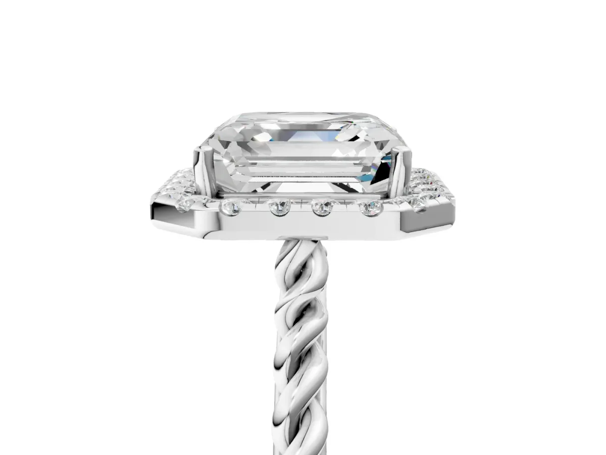 Asscher Cut Halo Twisted Band Four-Prong Diamond Ring Platinum