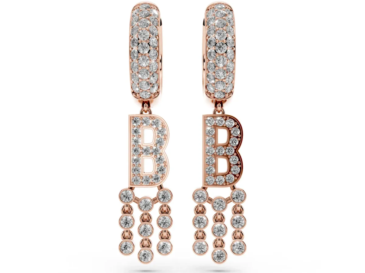 Round Diamond Initial B Huggie Hoop Earrings Rose gold
